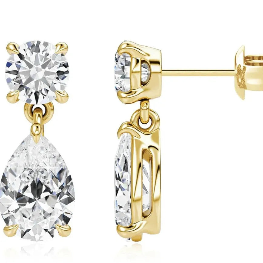 Two pairs of moissanite stud earrings: round stones and water drop shapes in gold or silver plating