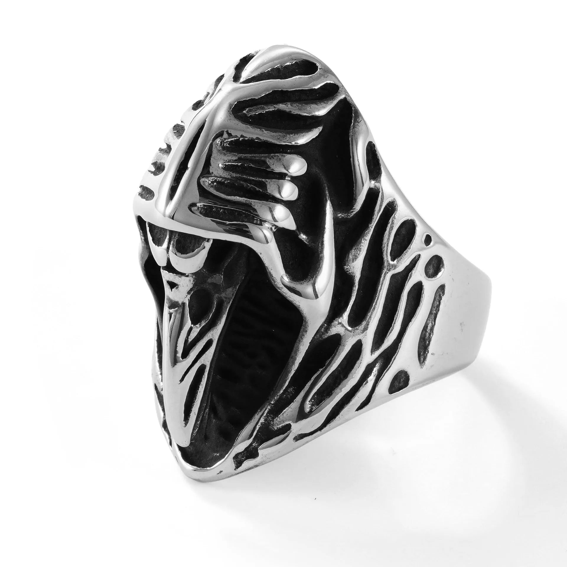 Titanium steel crow punk ring with geometric animal motif in MR166 colour