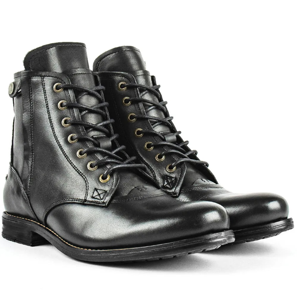Men's black and brown two-tone leather ankle boots with a side zipper on a white background.