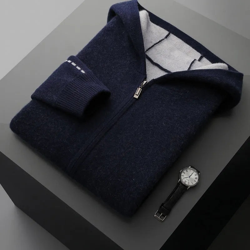 Men's dark blue cashmere zip cardigan with half-high collar and long sleeves
