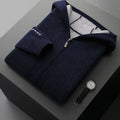 Men's dark blue cashmere zip cardigan with half-high collar and long sleeves