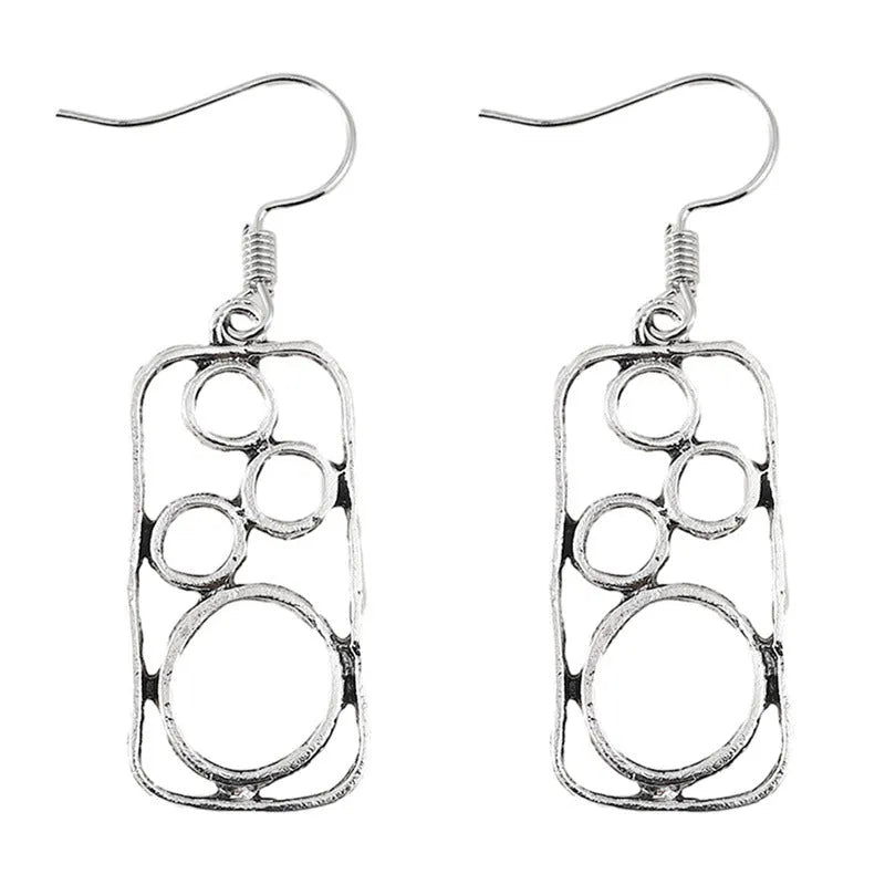 Geometric round ring earrings with irregular square shape in antique silver colour