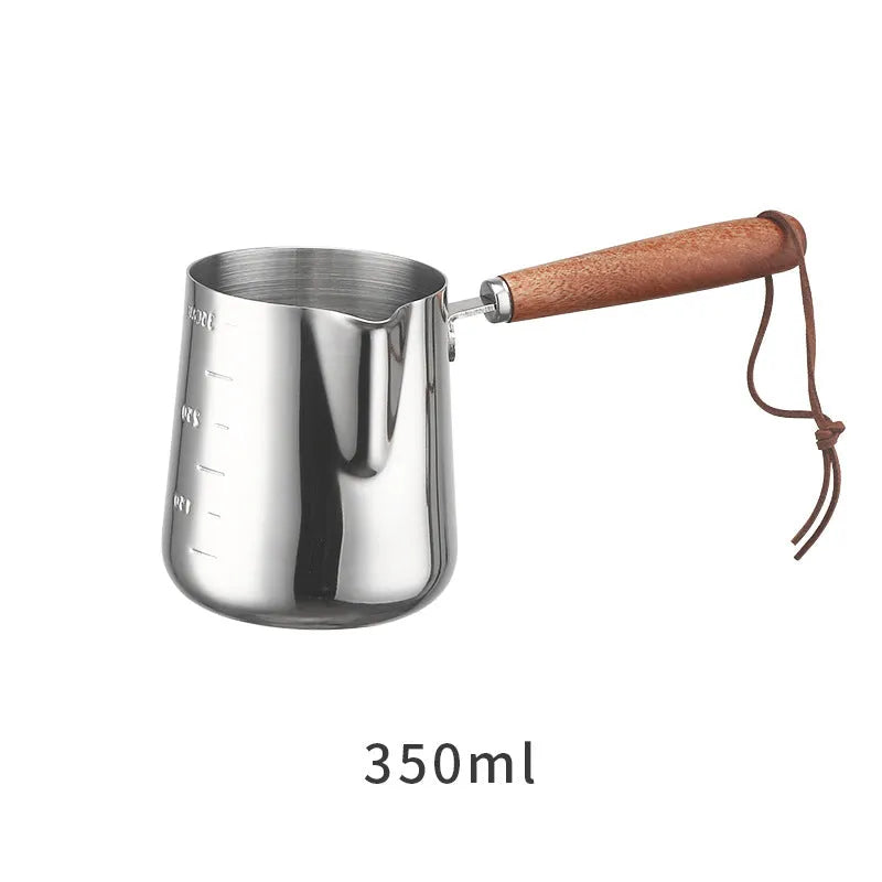 Stainless steel coffee cup with wooden handle shown in simple solid colour, available in 350ml, 600ml or 1000ml capacities.