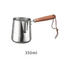 Stainless steel coffee cup with wooden handle shown in simple solid colour, available in 350ml, 600ml or 1000ml capacities.