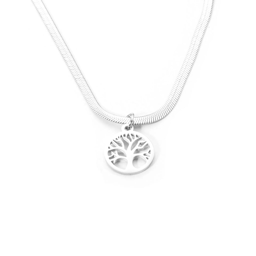 Stainless steel lucky tree necklace with adjustable length and tree pendant on snake bone chain