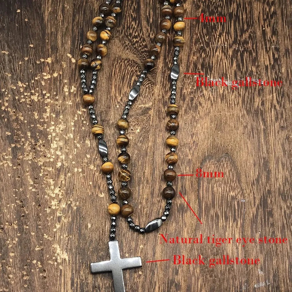 Men's stone cross pendant necklace on 80cm ball bead chain with safety lock clasp