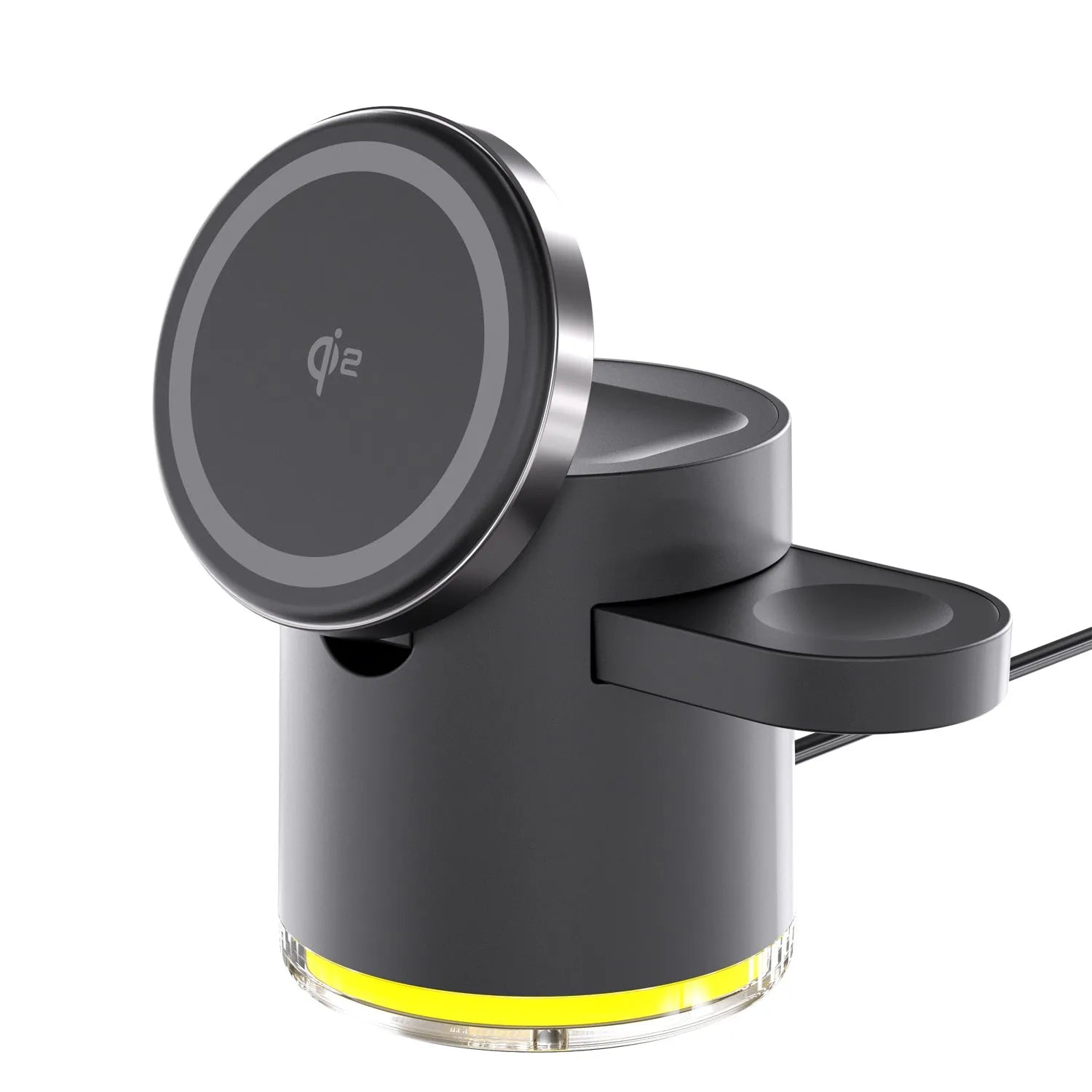 C16 portable magnetic three-in-one wireless folding charger in black or ivory white showing phone, watch and earbuds charging simultaneously