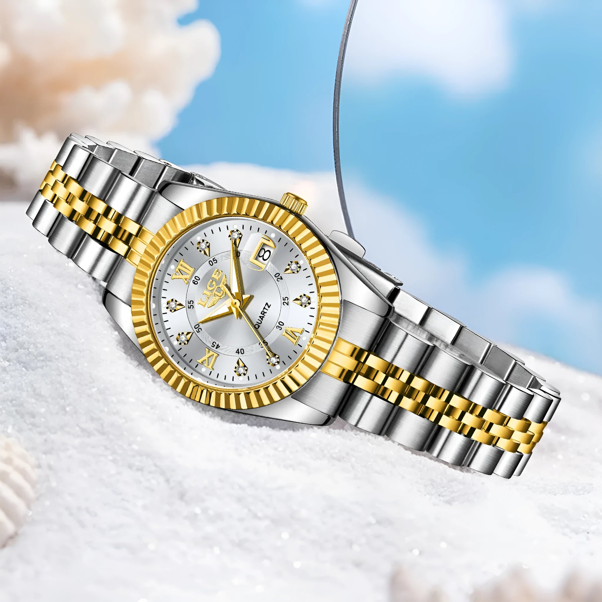 Slim gold and silver waterproof quartz fashion watch for women on a wrist, showing 10mm thickness.