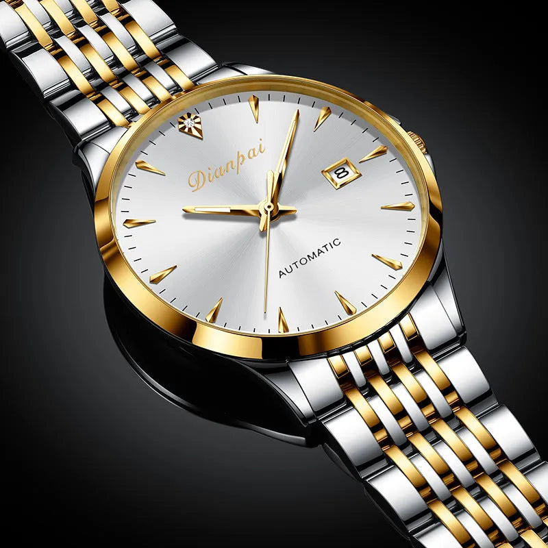 Men's stainless steel automatic watch with a simple dial and 30m water resistance.
