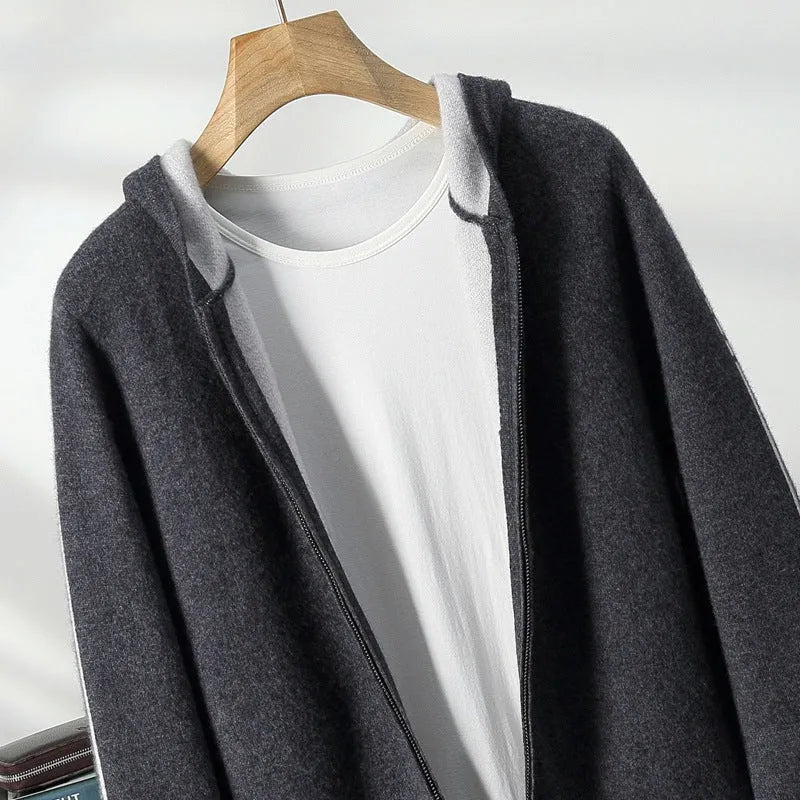 Men's dark blue cashmere zip cardigan with half-high collar and long sleeves