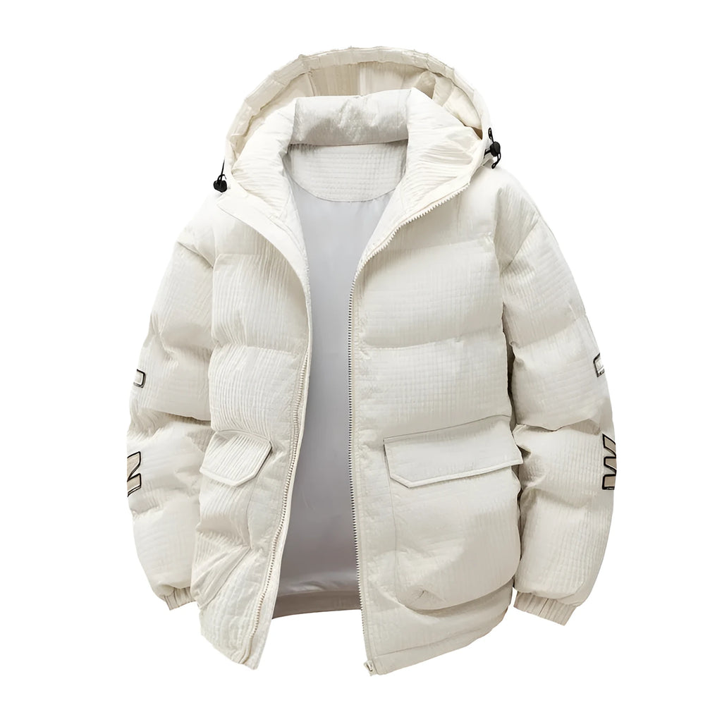 Men's black cotton-padded winter coat with hood and white letter print detailing, Korean streetwear style