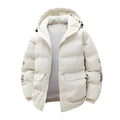 Men's black cotton-padded winter coat with hood and white letter print detailing, Korean streetwear style
