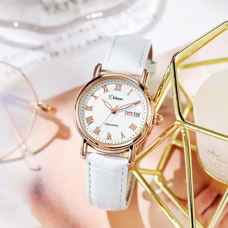Women's automatic mechanical watch with 12mm case on steel belt and leather strap in various colours.