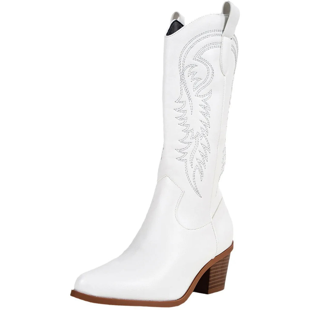 White women's Western cowboy knight boots with mid heel, pointed toe, microfiber upper, and rubber sole