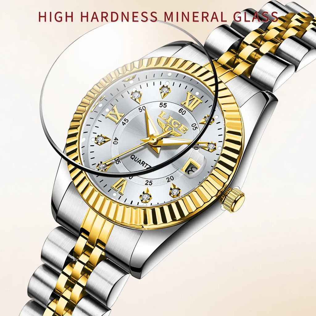 Slim gold and silver waterproof quartz fashion watch for women on a wrist, showing 10mm thickness.