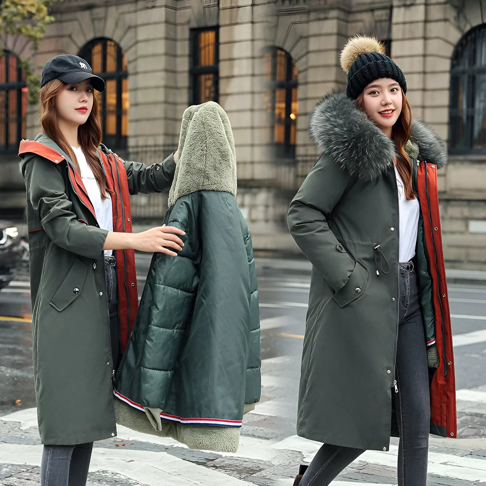 Women's long beige fleece trench coat with two-way zip, shown on a model.