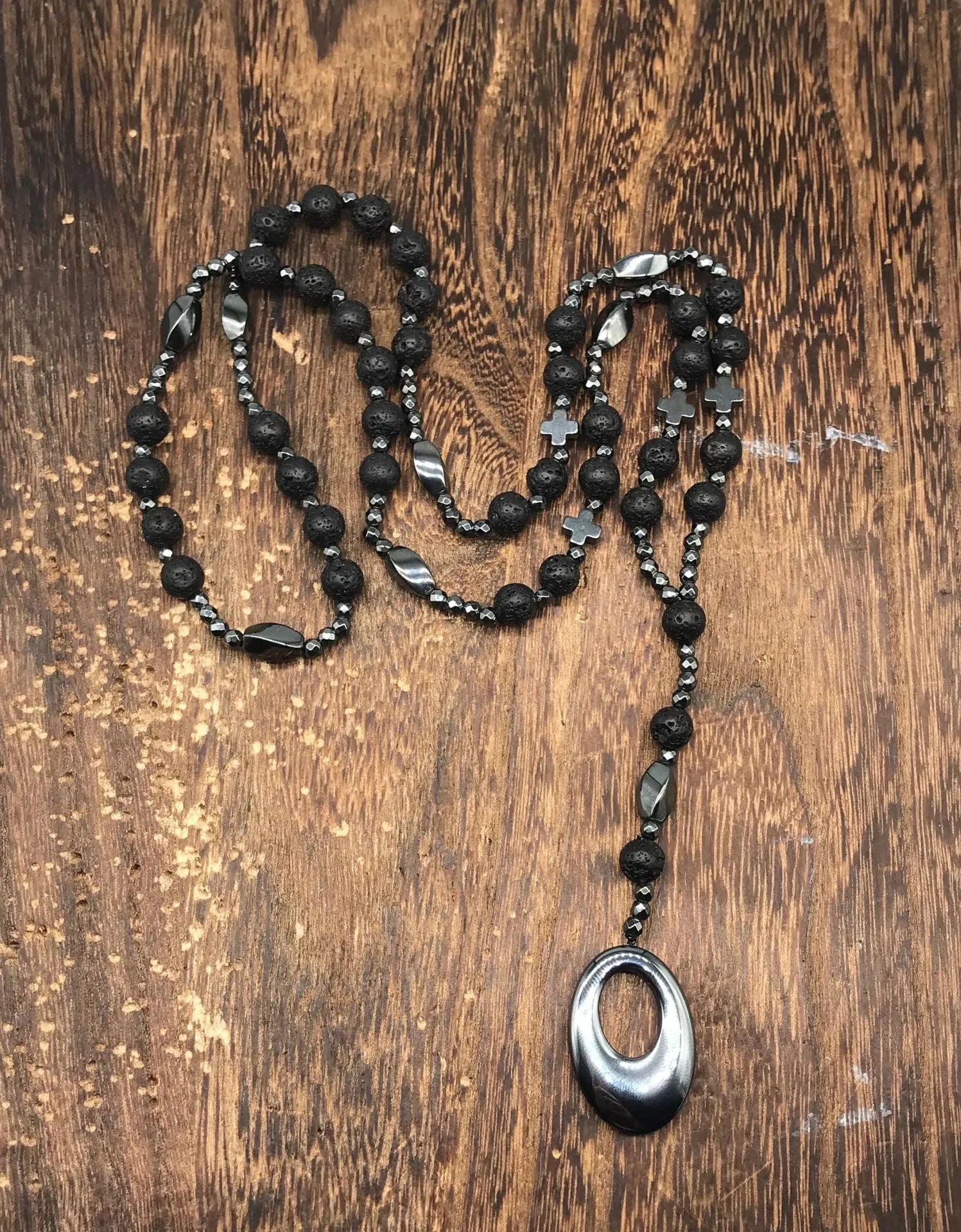 Men's stone cross pendant necklace on 80cm ball bead chain with safety lock clasp