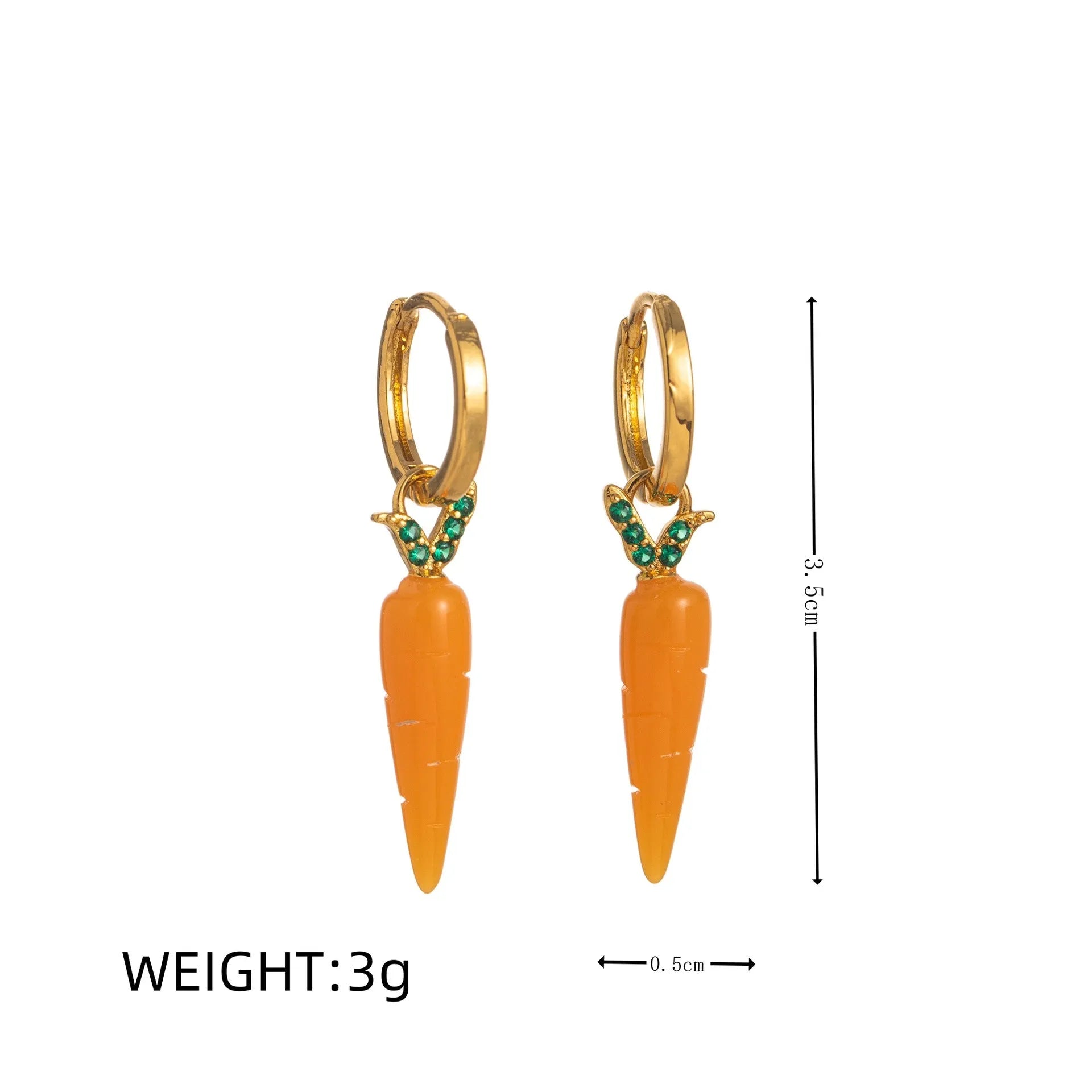 Gold plated carrot, lemon, peach and blueberry design earrings made from copper.