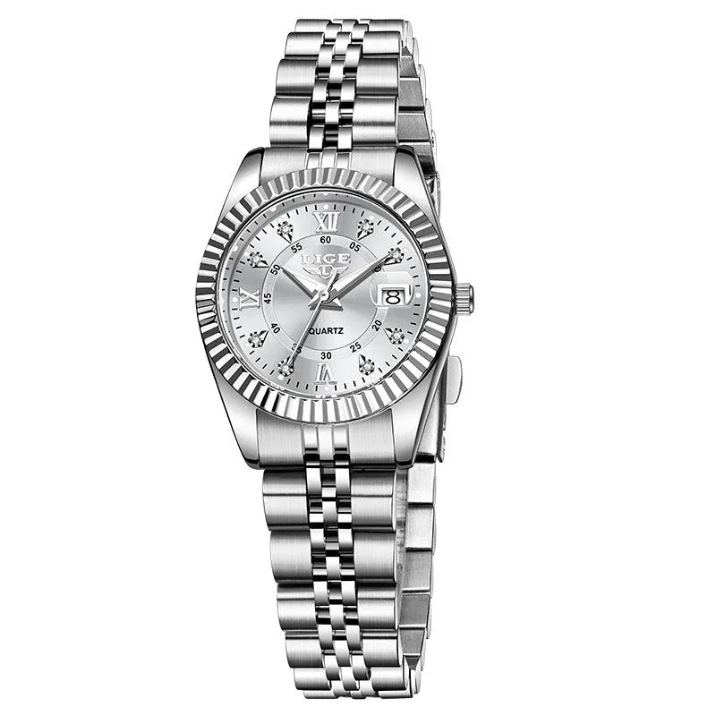 Slim gold and silver waterproof quartz fashion watch for women on a wrist, showing 10mm thickness.
