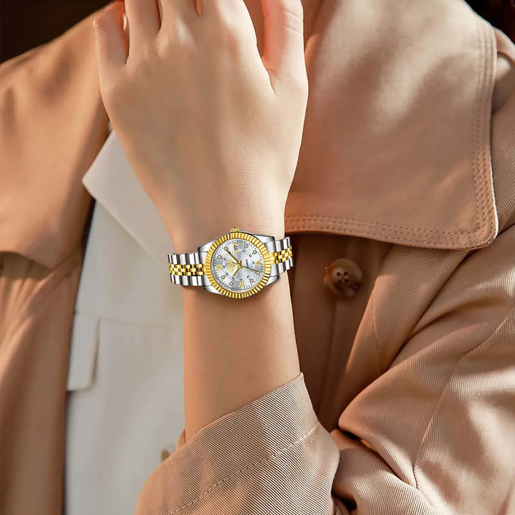 Slim gold and silver waterproof quartz fashion watch for women on a wrist, showing 10mm thickness.