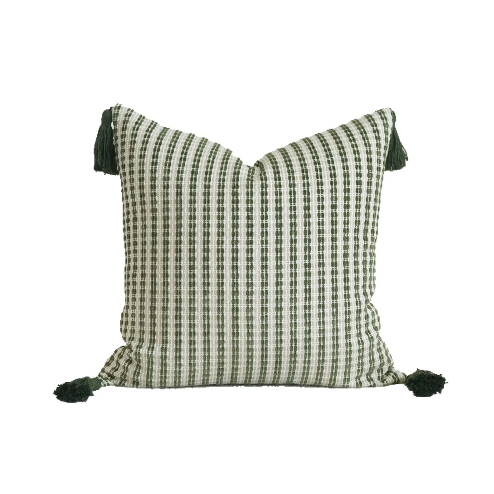 Green cotton and linen hotel sample pillow with tassel or beaded trim, shown in one of three pattern options.