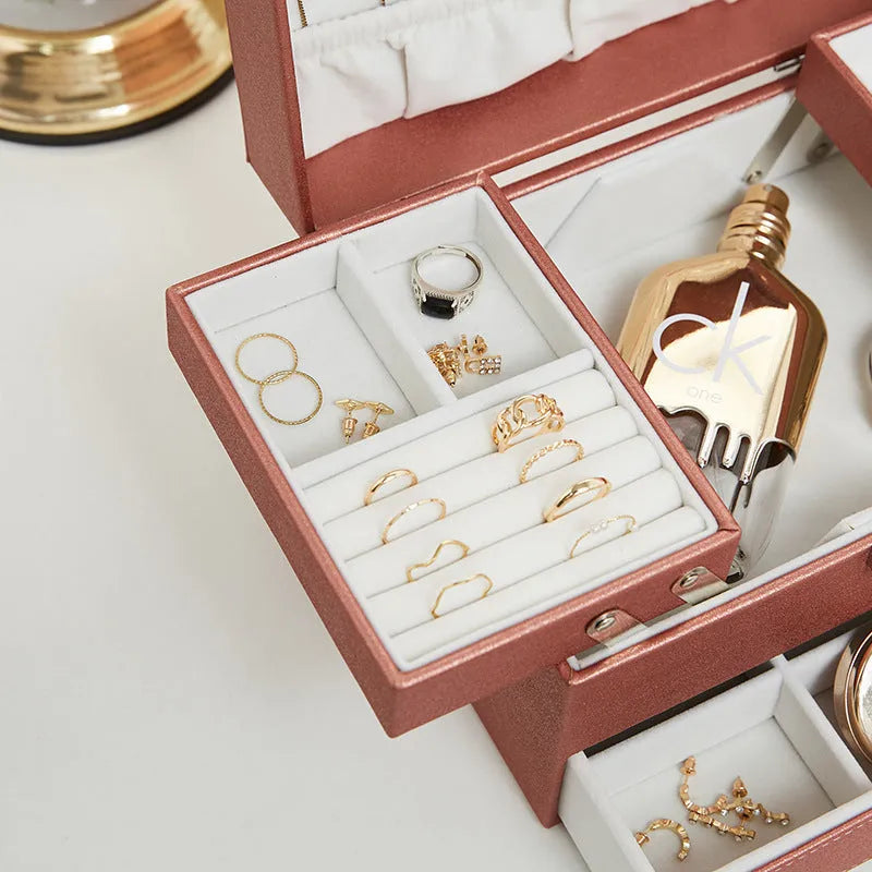 Hard PU leather jewellery storage box in beige, black, pink or rose gold colour options