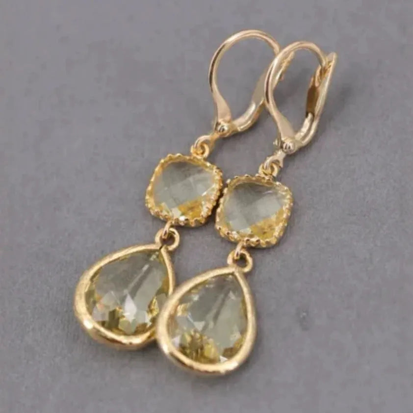 Gold geometric long fringe earrings with water droplet crystals in retro European-American style