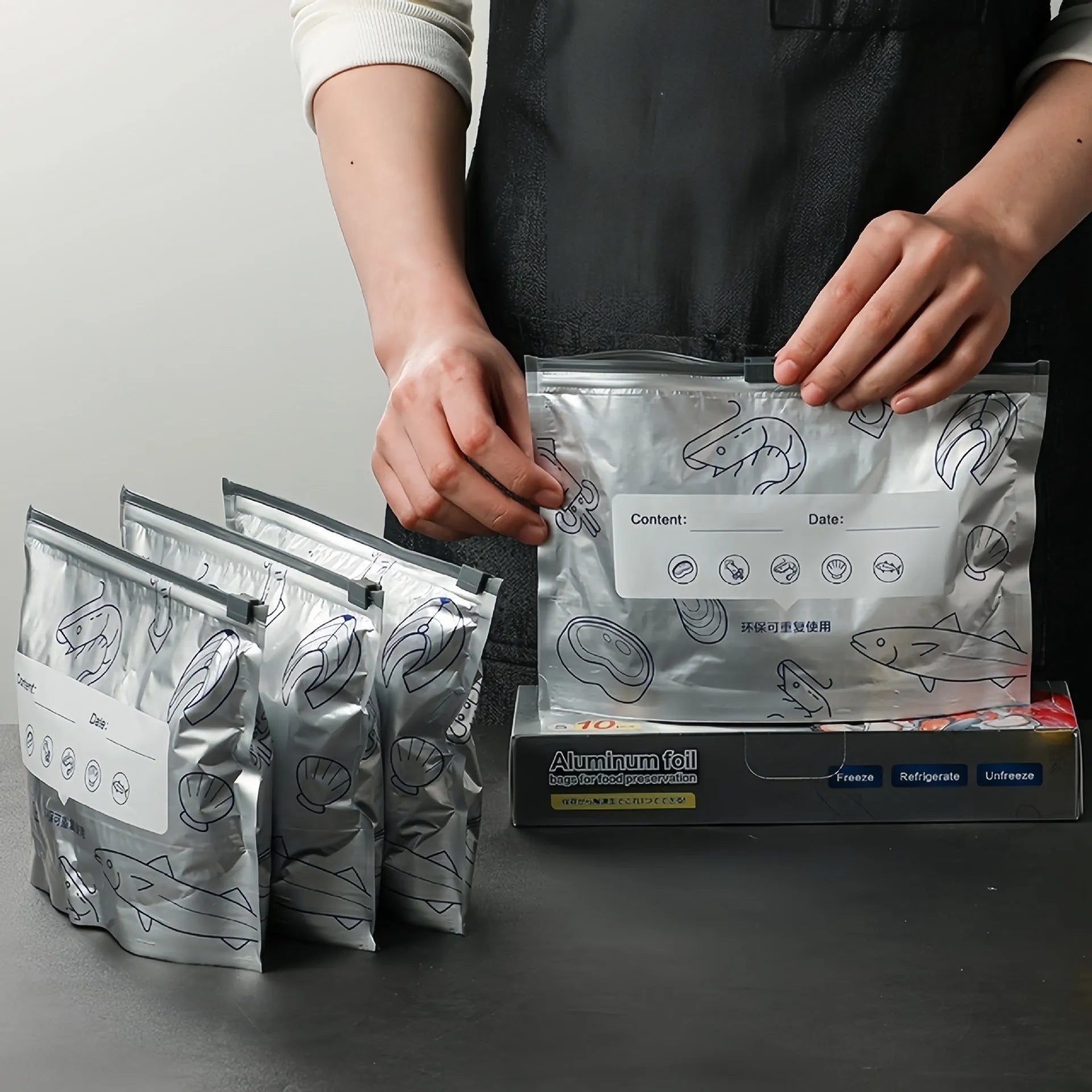 Aluminium foil resealable food storage bags in small, medium and large sizes