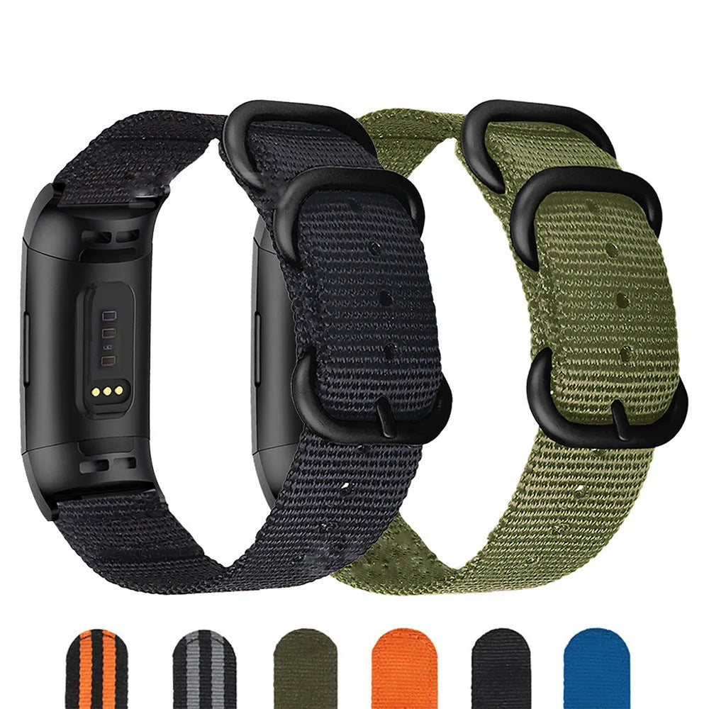 Nylon three-ring buckle replacement strap for Fitbit Charge 2, 3, 4, and 5 fitness trackers in multiple colours