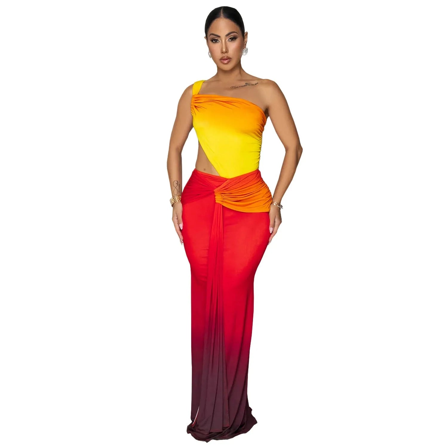 Long red gradient women's dress with cross-shoulder sleeveless neckline and high waist.