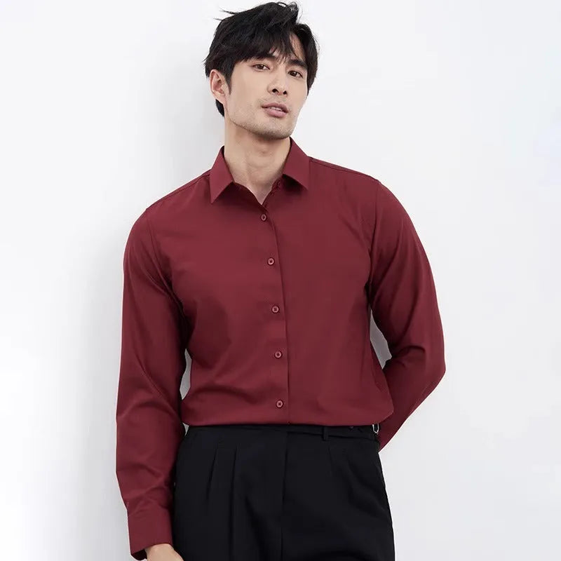 Wine red men's slim-fit long sleeve shirt with cardigan style, on a hanger.