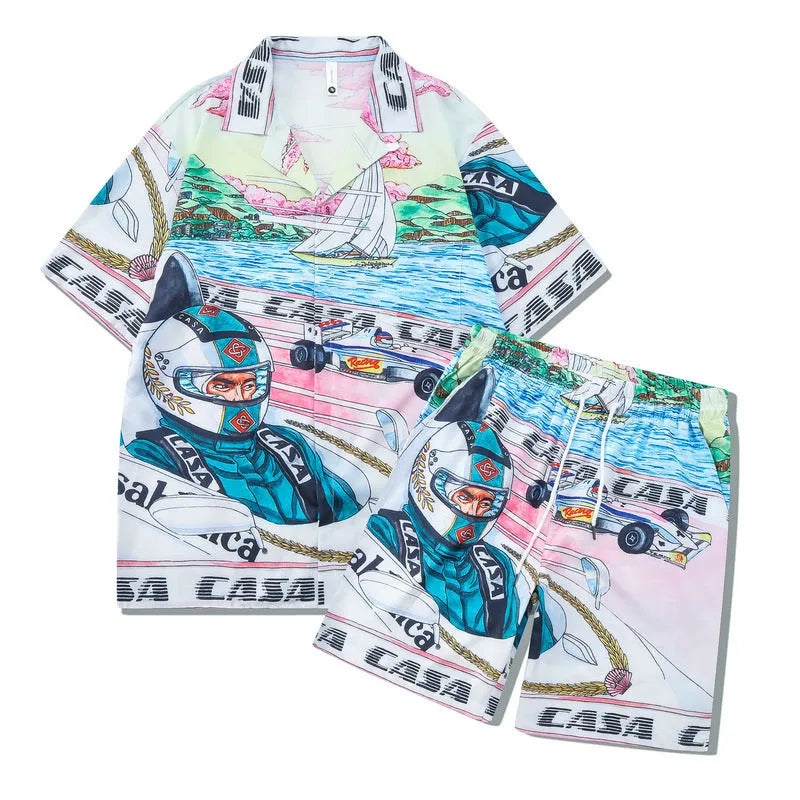 Men's plaid print beach outfit with short sleeve shirt and matching pants set