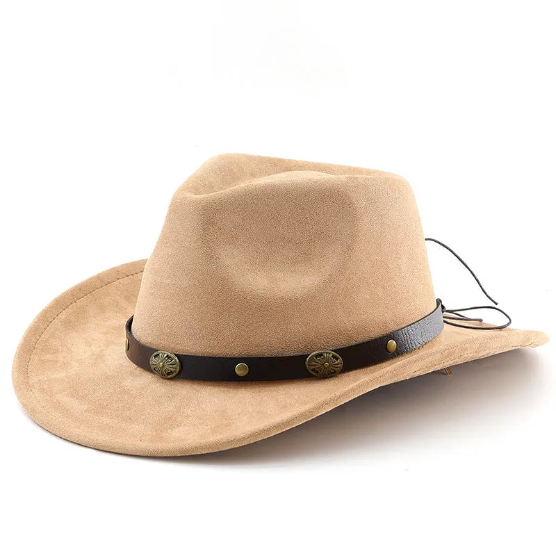 Brown leather velvet cowboy hat with curved brim and conical crown on a wooden post.