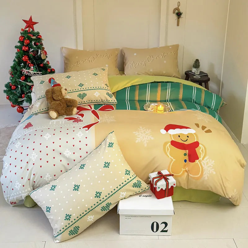 Christmas cartoon character bedding set with duvet cover, fitted sheet and pillowcases laid on a bed