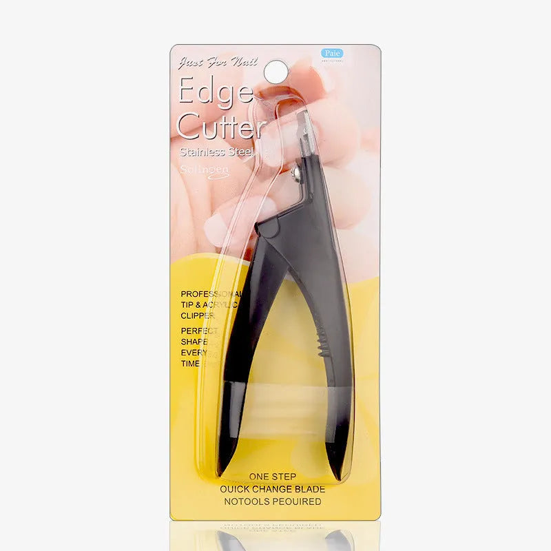French U-shaped stainless steel nail art scissors shown in black, titanium, and silver handle finishes.