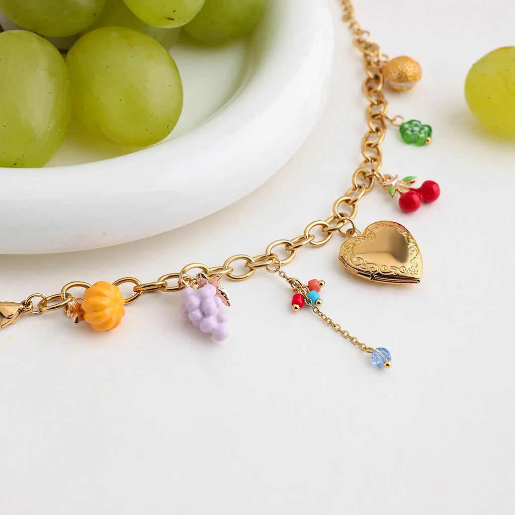 18K gold stainless steel bracelet with grape cherry and lemon fruit motifs for women