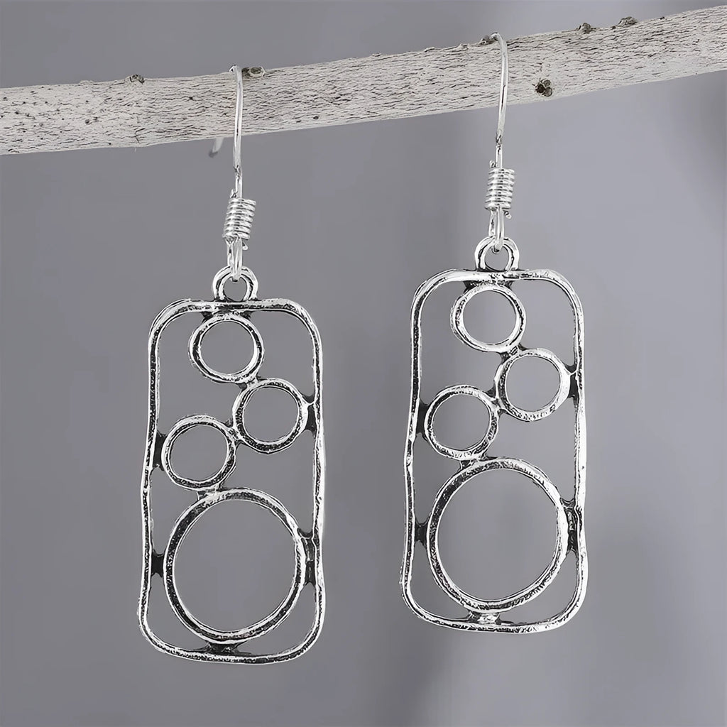 Geometric round ring earrings with irregular square shape in antique silver colour