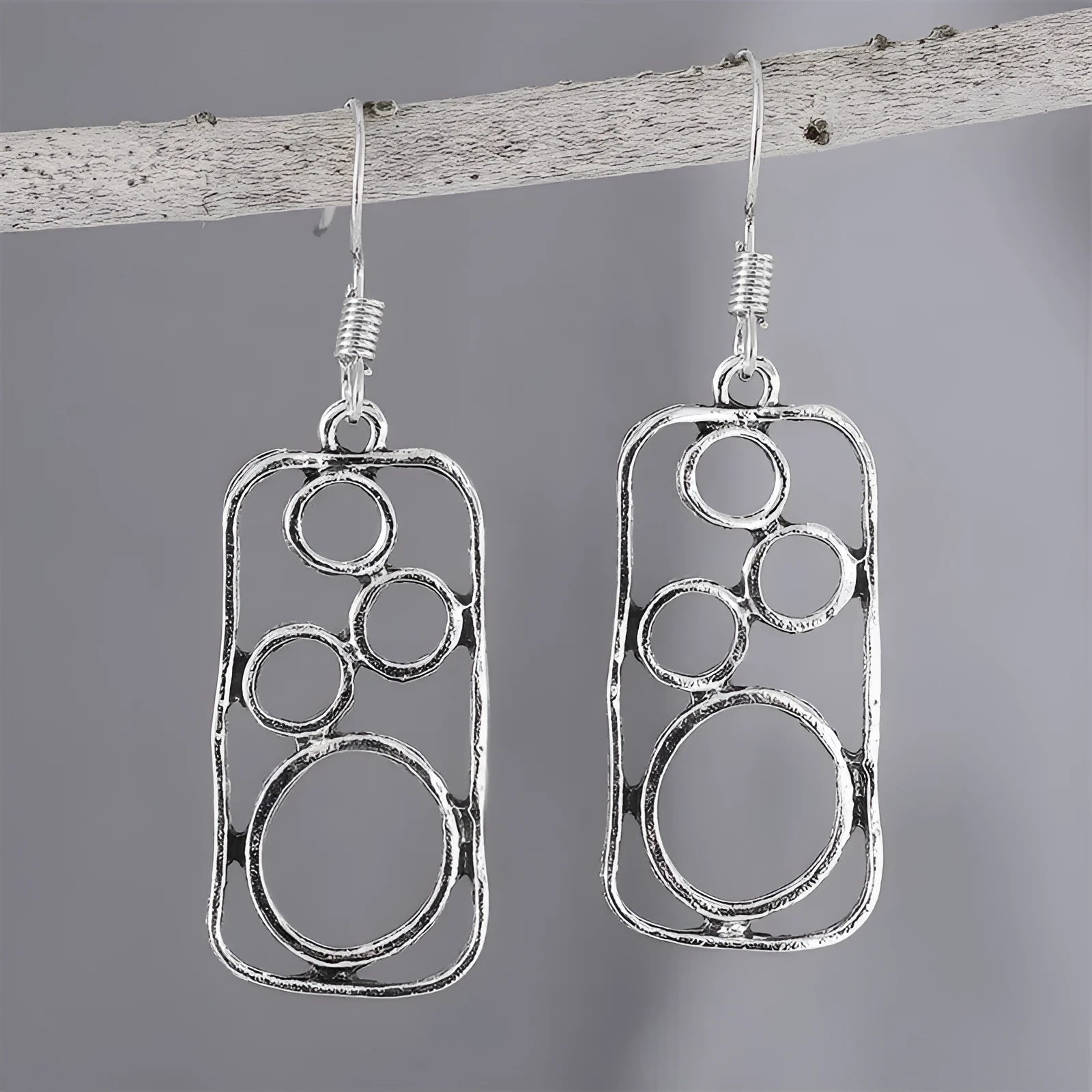 Geometric round ring earrings with irregular square shape in antique silver colour