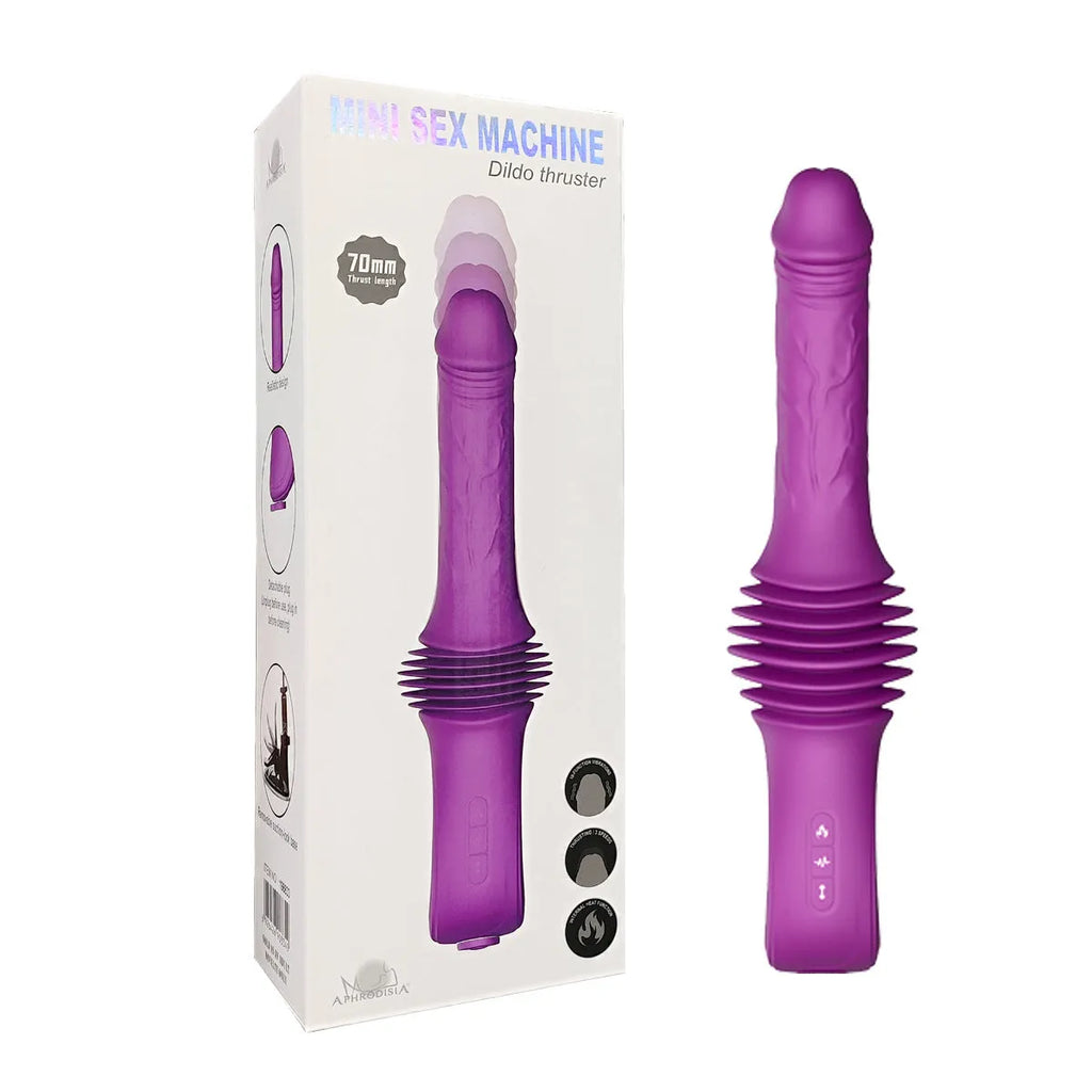 Purple simulation penis vibrator with heating, automatic pulling and inserting, silicone and ABS, 290mm, small cannon machine for women