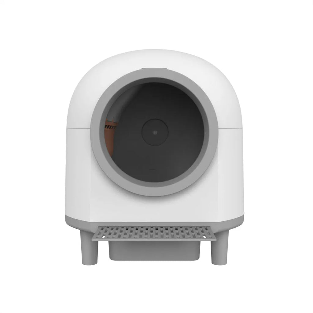 White automatic enclosed cat litter box with ABS plastic construction and self-cleaning mechanism