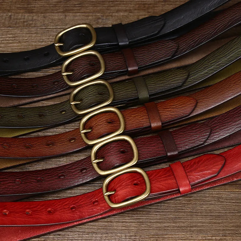 Handmade vintage-style women's leather belt with copper buckle in brown.