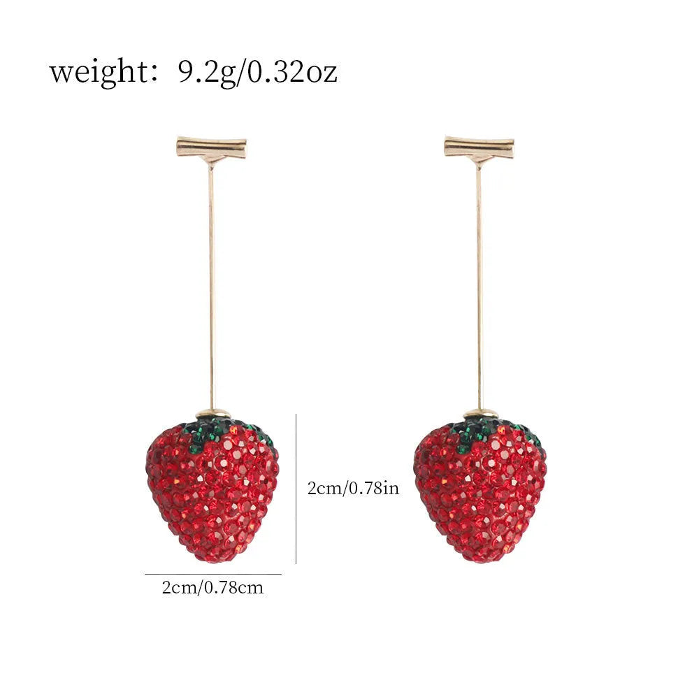 Geometric red strawberry stud earrings with spot drill texture on a zinc alloy post.