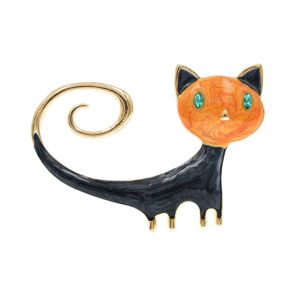 White or orange kitty cat brooch with painted upward tail design on alloy metal