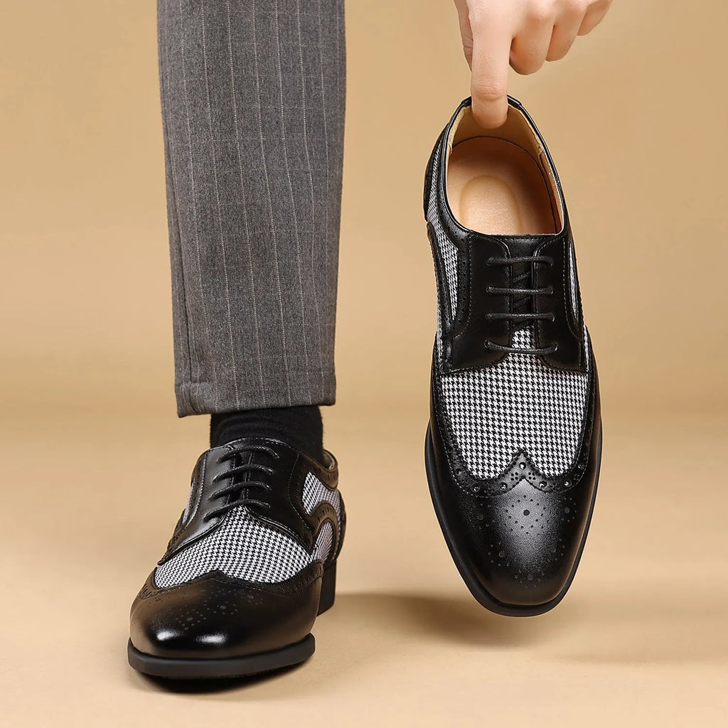 Men's black houndstooth plaid casual lace-up shoes with a square toe and rubber sole.