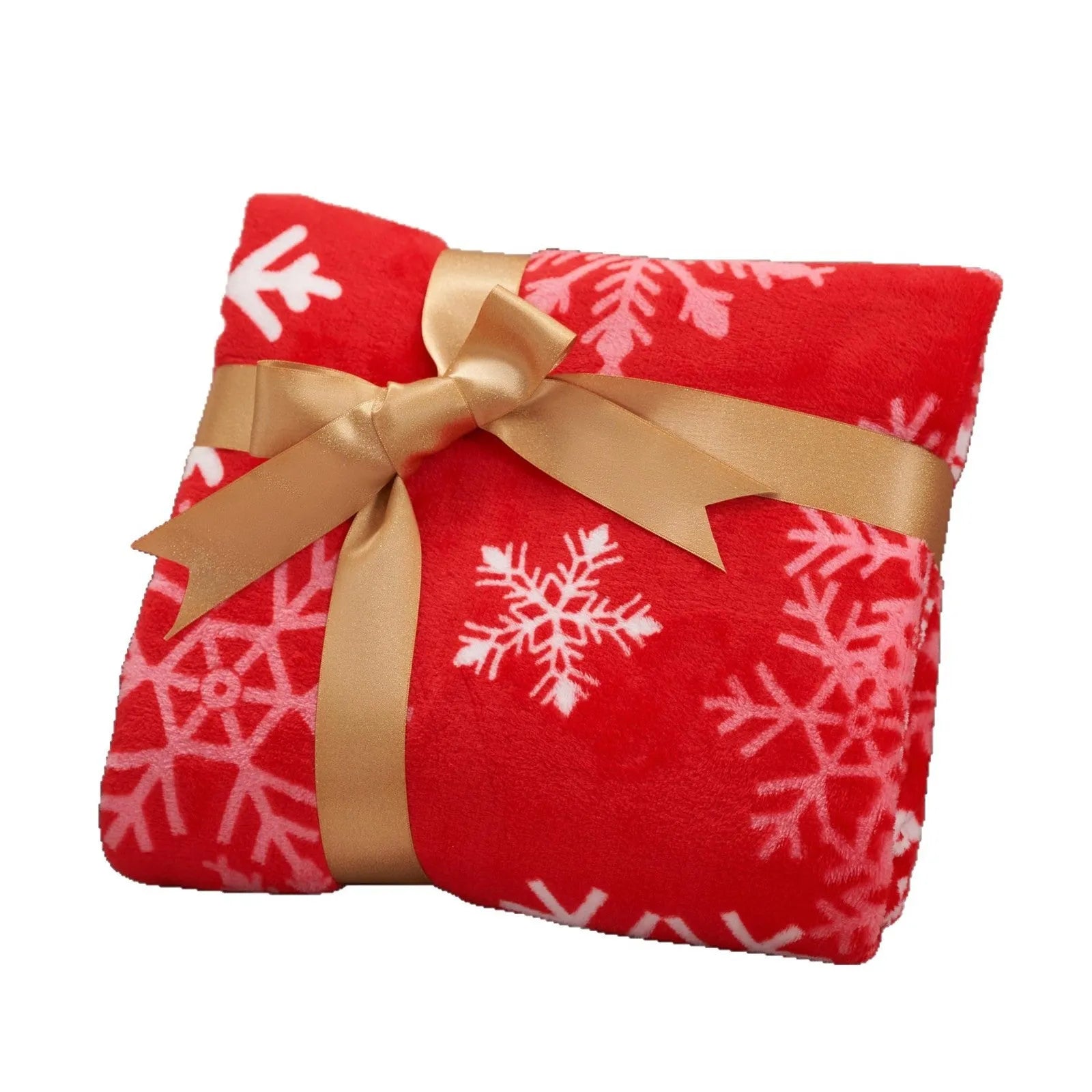 Soft plush red Christmas blanket draped over a grey sofa.