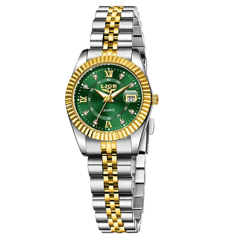 Slim gold and silver waterproof quartz fashion watch for women on a wrist, showing 10mm thickness.