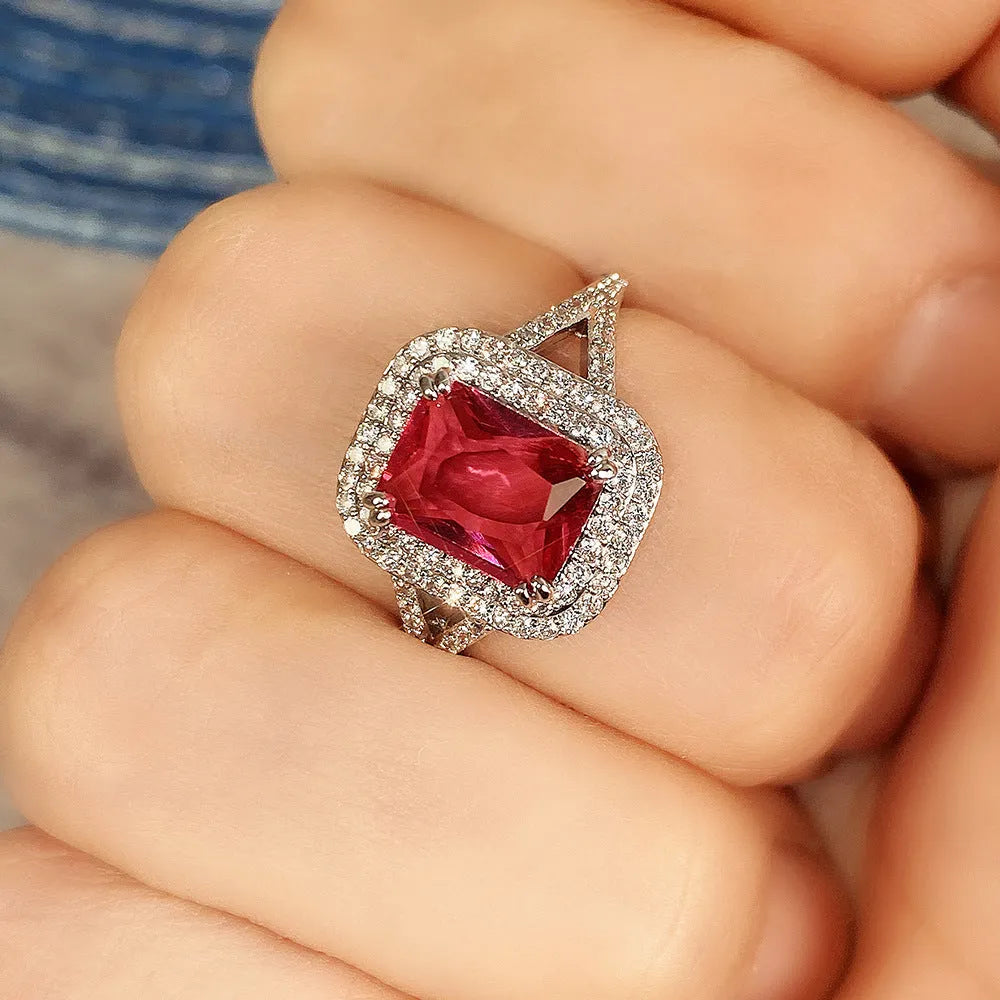 Red geometric square copper women's ring with sparkling rhinestones.