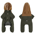 British-style khaki waterproof dog jacket on a medium-sized dog, showing tailored fit and buckle closure.