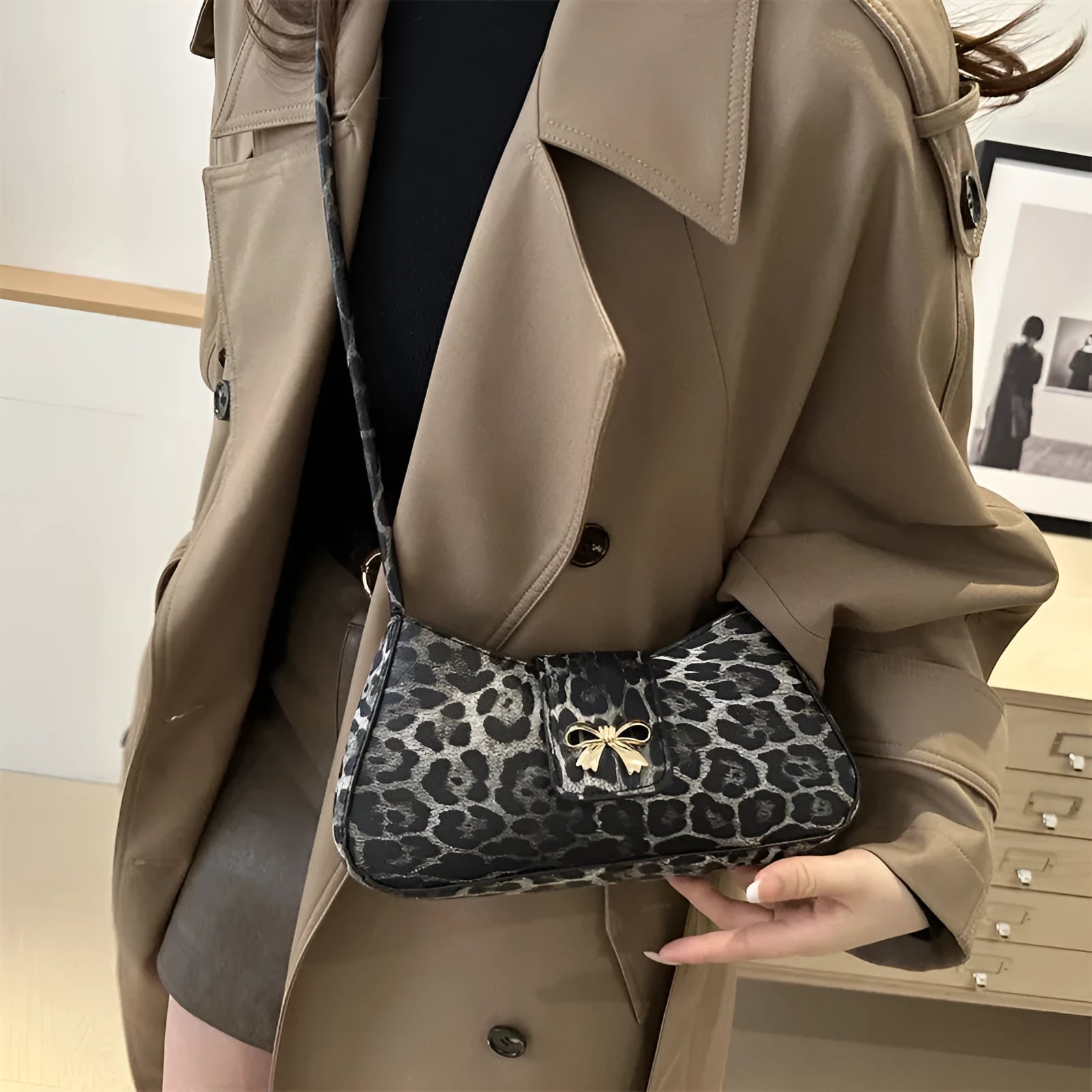 Women's large casual PU leather shoulder handbag with sandwich pocket in khaki colour.