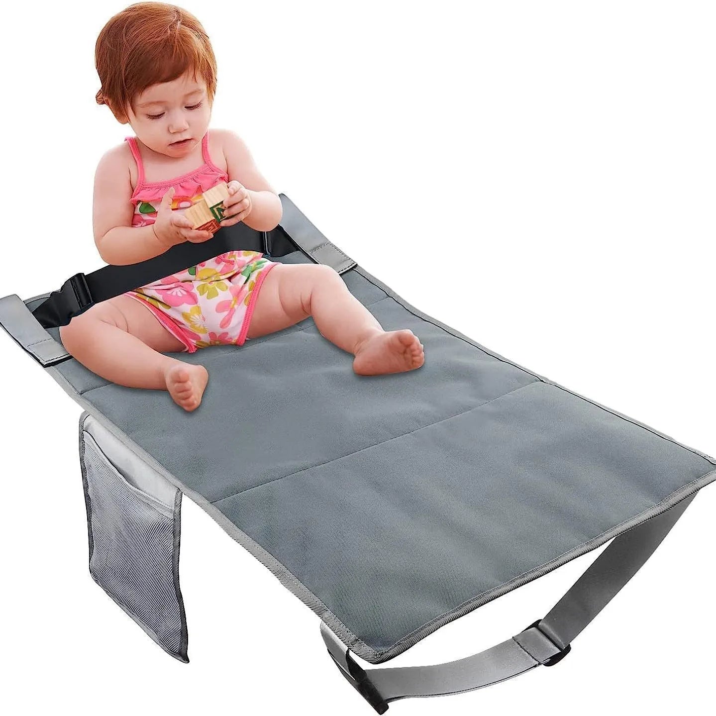Portable children's aircraft seat extender in blue with adjustable bundle pocket